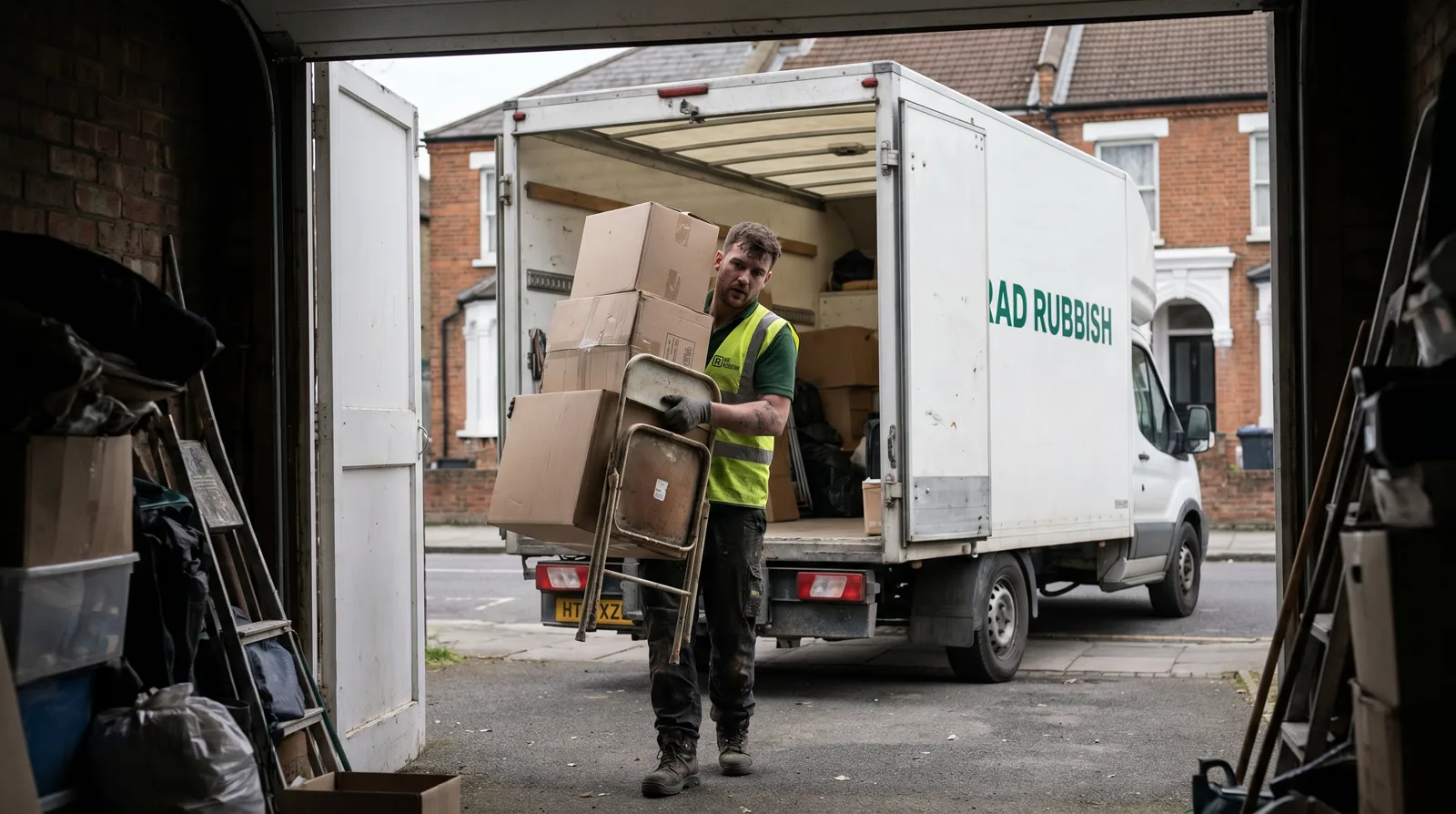 RAD Rubbish crew clearing a packed garage out to the van