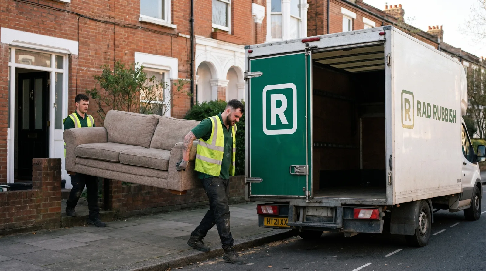 RAD Rubbish crew carrying a single sofa out to the van
