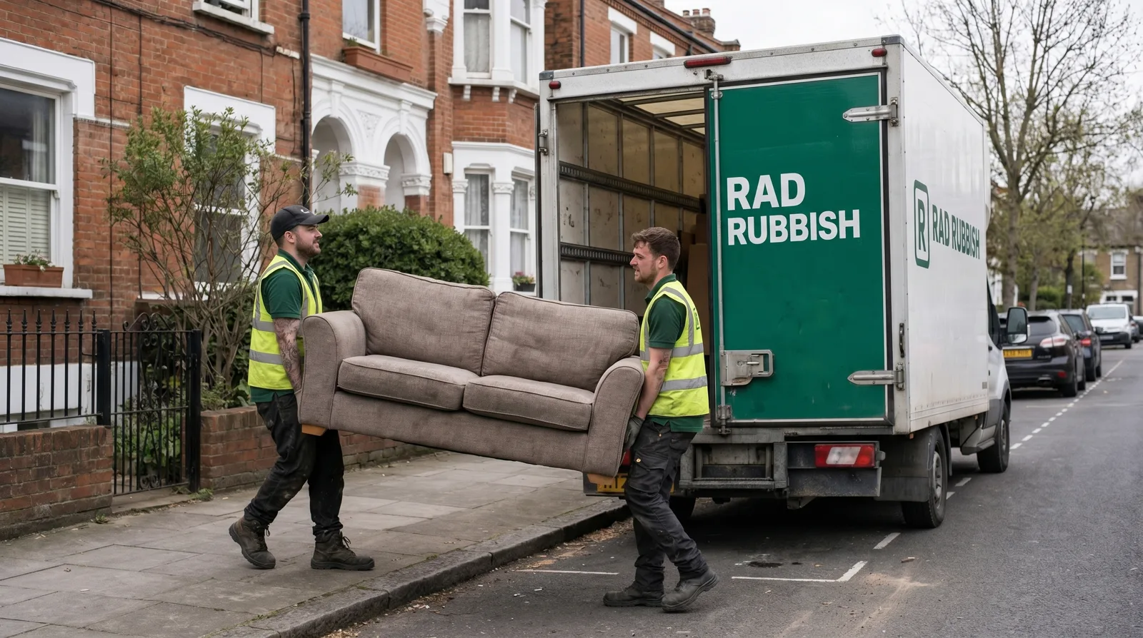 Two-person crew carrying a sofa to the van