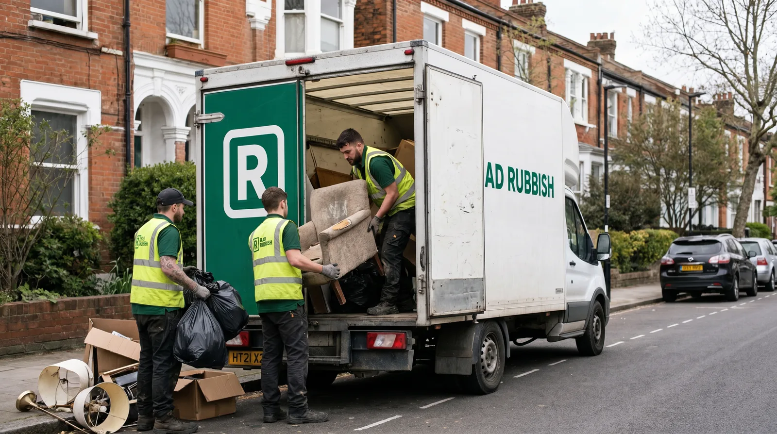 RAD Rubbish crew loading a mixed rubbish removal into the van in West London
